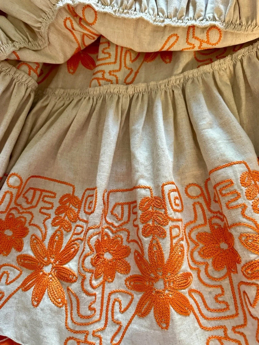 Designer Maje Tiered Cotton-Blend Maxi Skirt w/ Orange Floral Embroidery Sz 10 - Picture 5 of 7